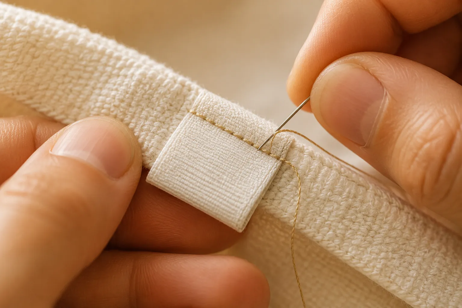 Hands sewing a blank woven label onto the hem of a thick ivory cotton towel.